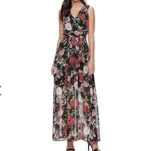 Disney Beauty And The Beast Black Red Rose Floral Sleeveless Maxi Dress Size S